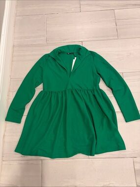 Zara Green Long Sleeve V-Neck Collared Dress